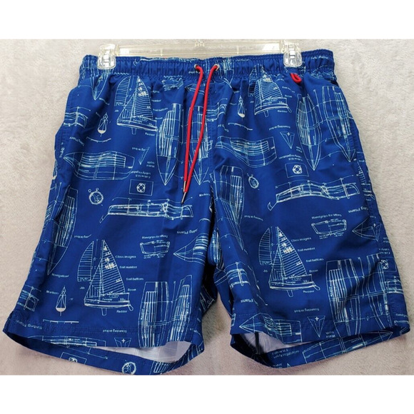 Lands' End Swim Shorts Men Large Blue Sailing Print Elastic Waist Drawstring EUC - Picture 1 of 10